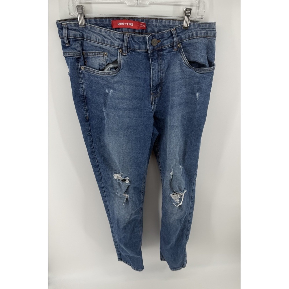 Ring of Fire Men's 33x30 Straight Jeans Distressed Ripped Stretch Blue Denim
